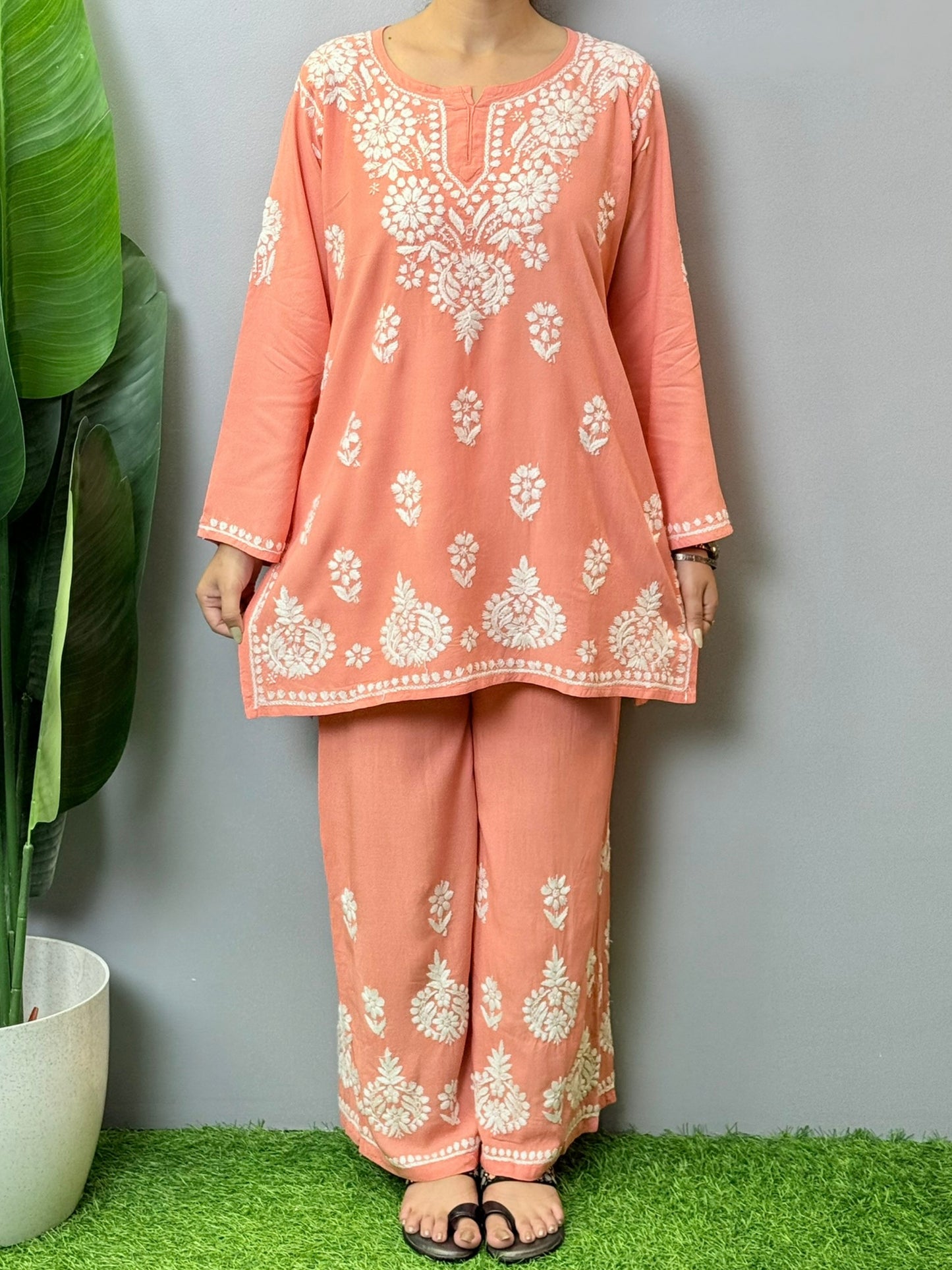 Peach Chikankari co-ord set with short kurta and palazzo in rayon fabric – handcrafted Lucknowi embroidery