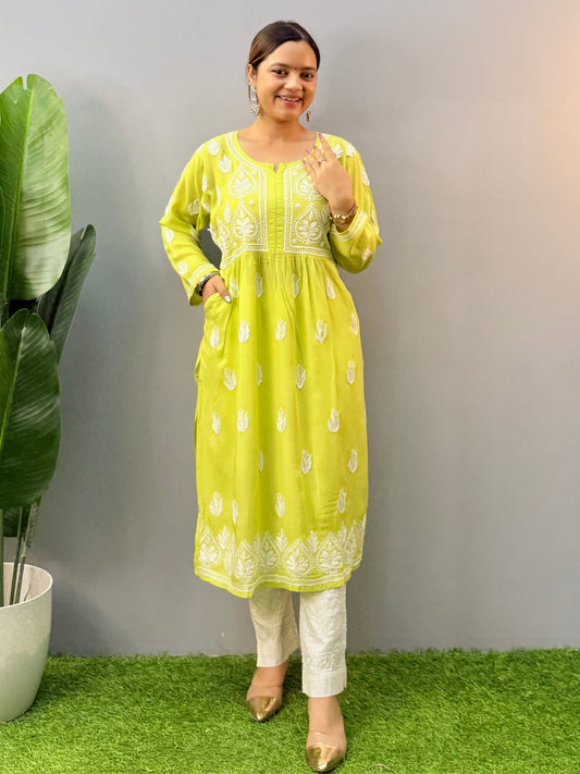 Lucknow Chikankari lime green modal kurta with hand embroidery and both-side pocket design