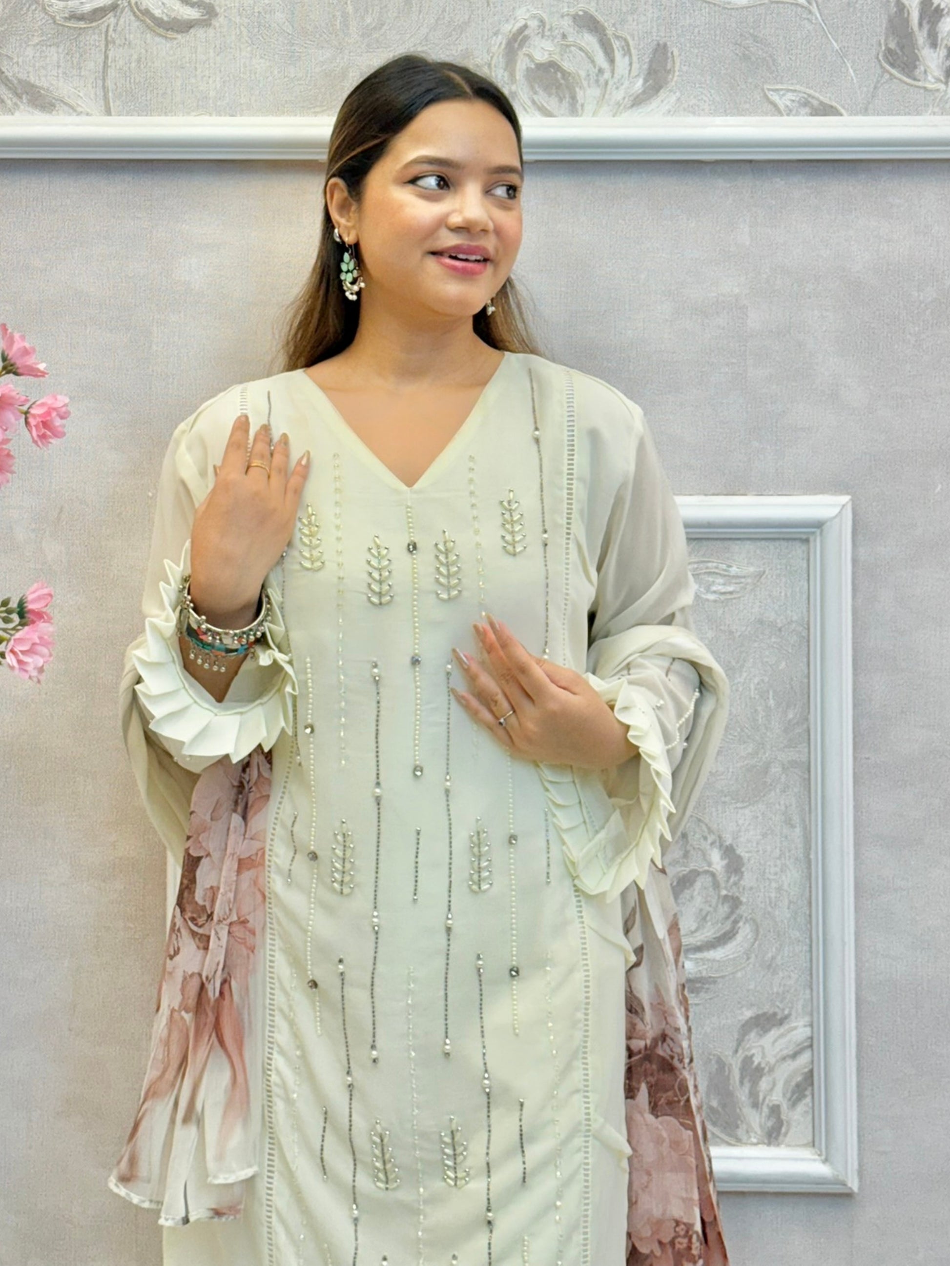 White georgette kurta with handwork, cotton stretch pant, and floral printed dupatta