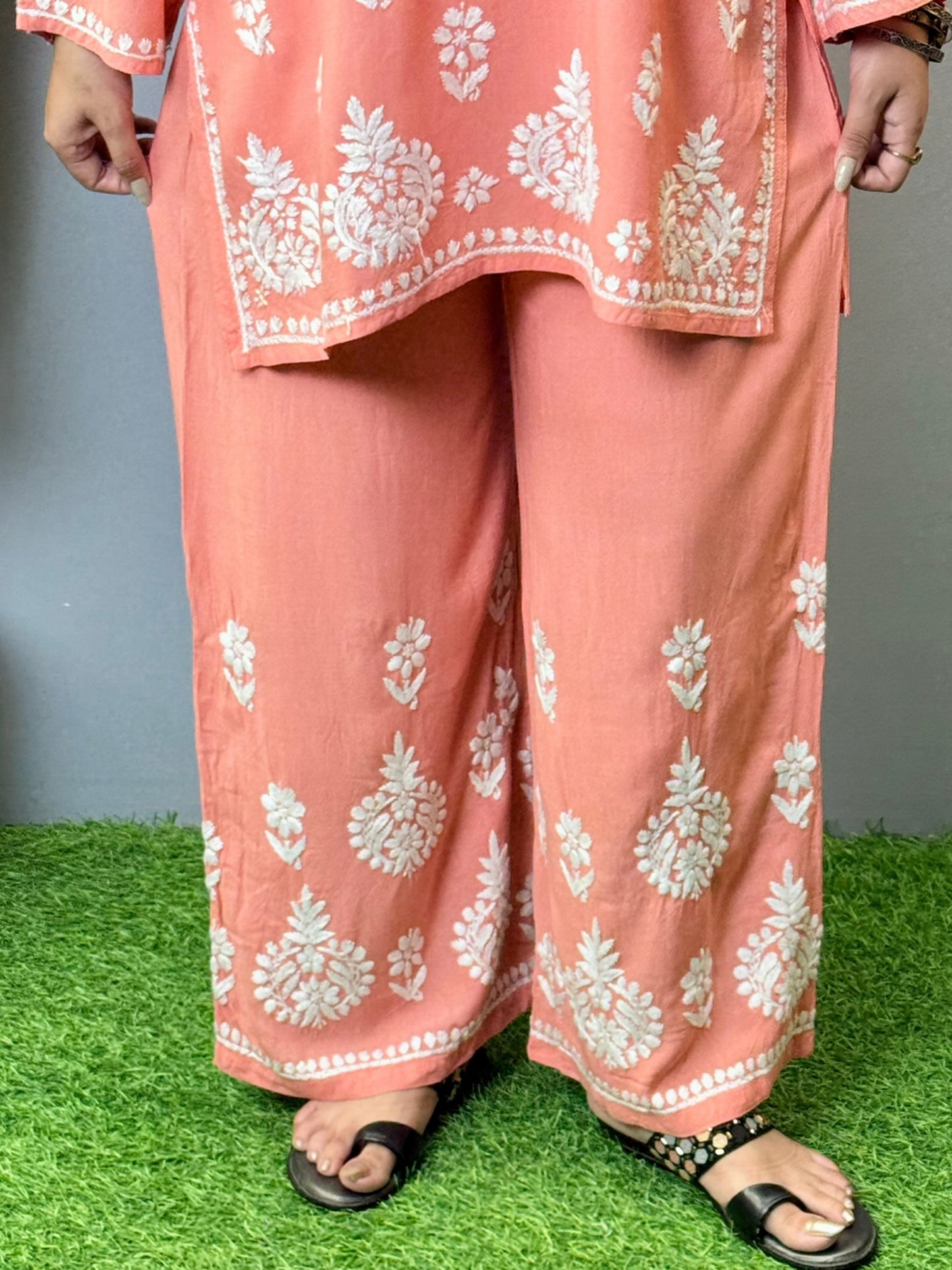 Peach Chikankari co-ord set with short kurta and palazzo in rayon fabric – handcrafted Lucknowi embroidery