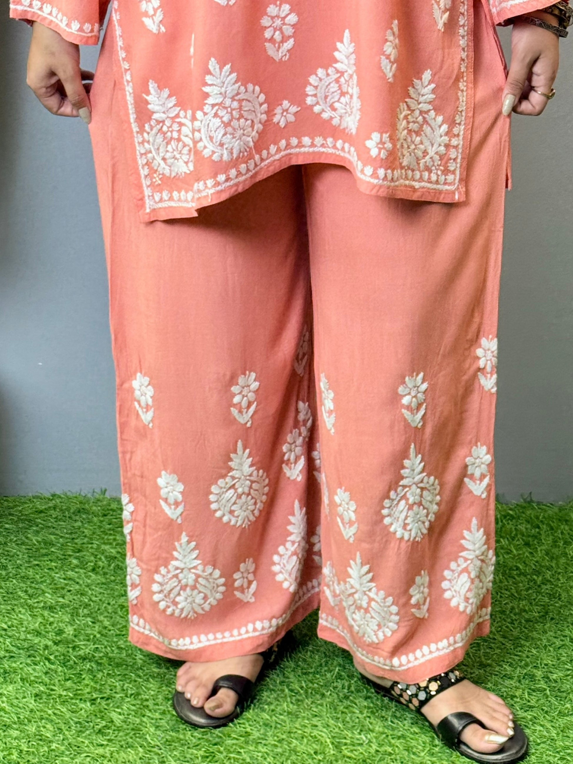 Peach Chikankari co-ord set with short kurta and palazzo in rayon fabric – handcrafted Lucknowi embroidery
