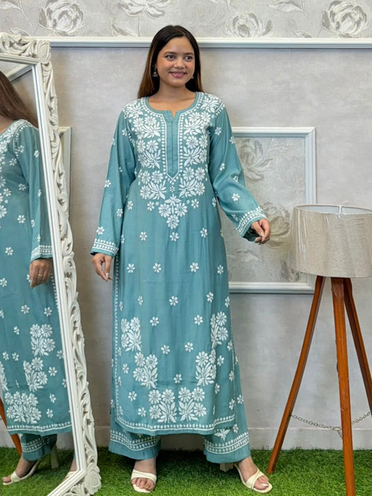 Teal blue Norway silk Lucknowi Chikankari kurta and pant set with white hand embroidery