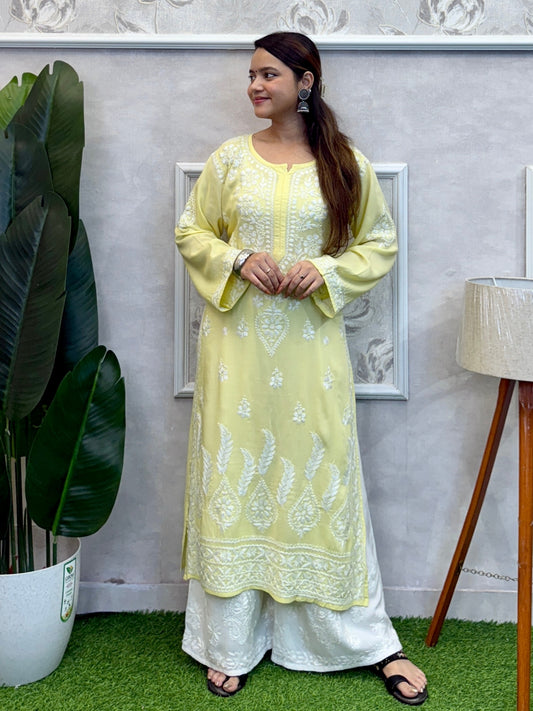 Yellow modal Lucknow Chikankari kurta with hand embroidery, soft and comfortable fabric