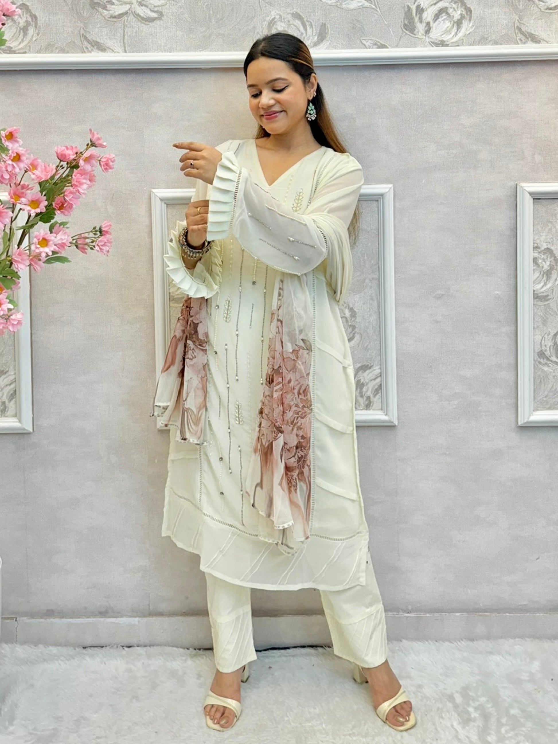 White georgette kurta with handwork, cotton stretch pant, and floral printed dupatta
