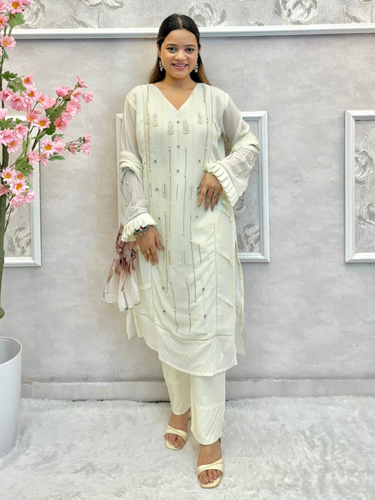 White georgette kurta with handwork, cotton stretch pant, and floral printed dupatta
