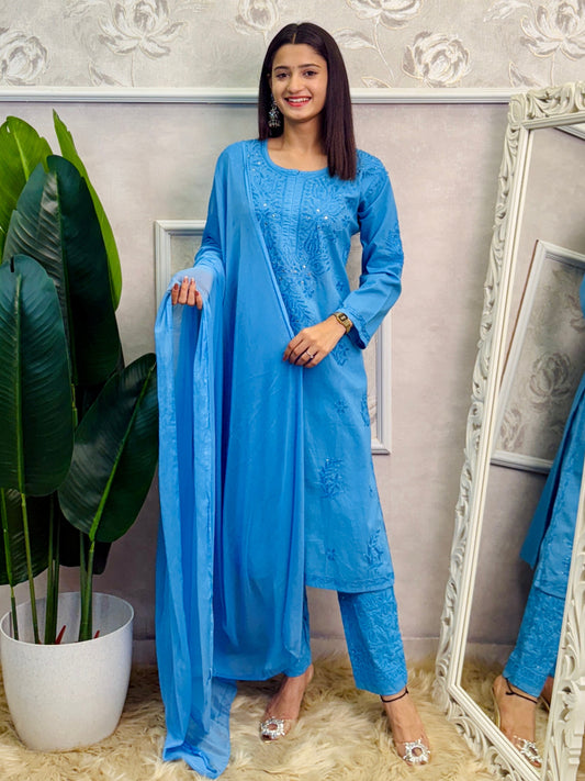 Sky blue cotton chikankari kurta, stretchable pant and chiffon dupatta set with hand embroidery