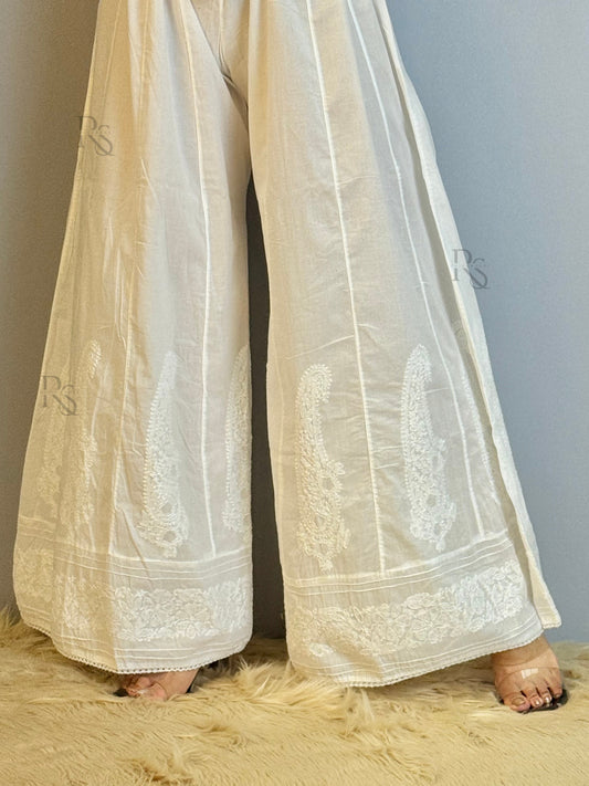 White cotton chikankari palazzo with hand embroidery – dyable bottom wear