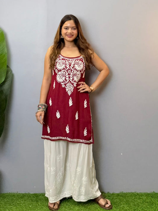 Maroon sleeveless rayon Lucknowi Chikankari short kurta with white hand embroidery