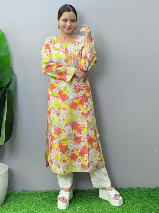 Floral multicolor printed crepe kurta with white hand chikankari embroidery