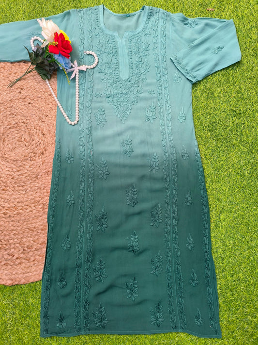 Flat lay of premium viscose Lucknowi Chikankari ombre kurta in teal to deep sea green shades with tone-on-tone embroidery, by R S CHIKANKARI.