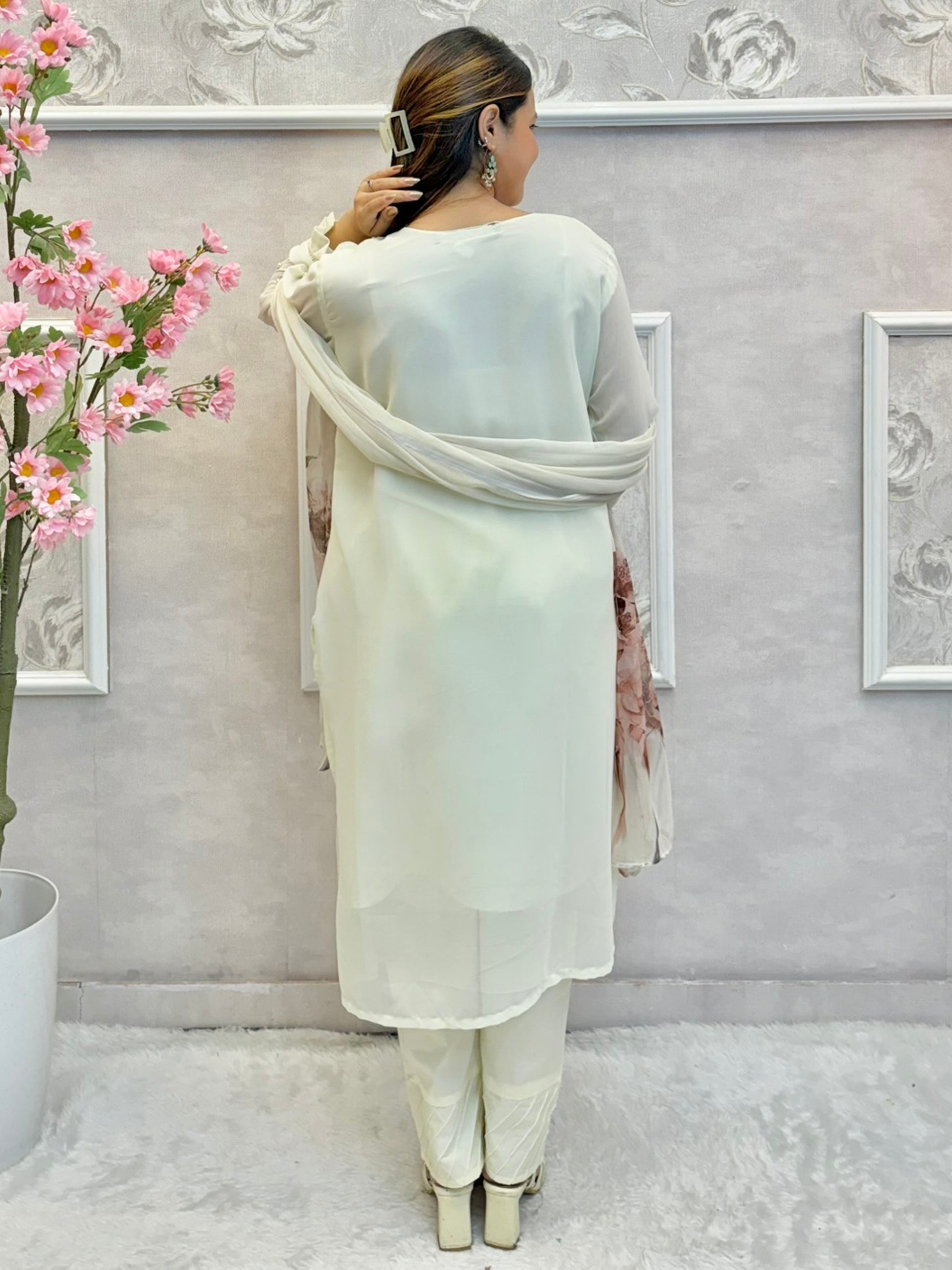 White georgette kurta with handwork, cotton stretch pant, and floral printed dupatta