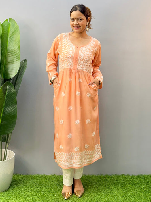 Peach Modal Lucknow Chikankari Kurta with hand embroidery and both side pockets
