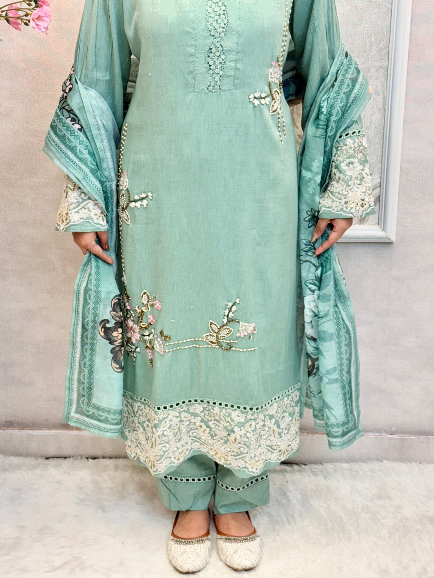 Mint green rayon kurta set with floral hand embroidery and printed dupatta