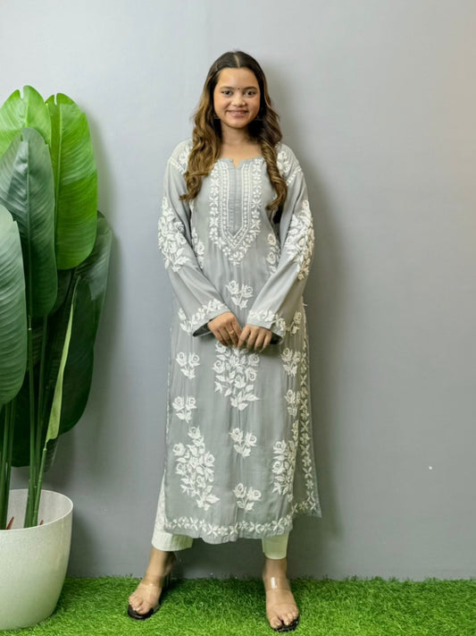 Steel grey modal Lucknowi Chikankari kurta with hand embroidery, premium quality, soft and comfortable