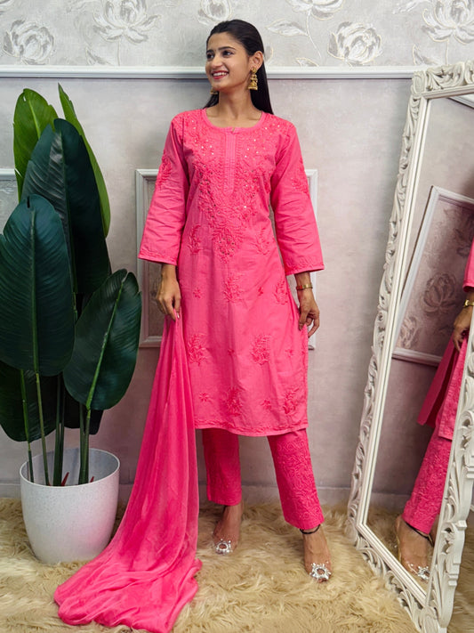 Hot pink cotton chikankari kurta, stretchable pant and chiffon dupatta set with hand embroidery