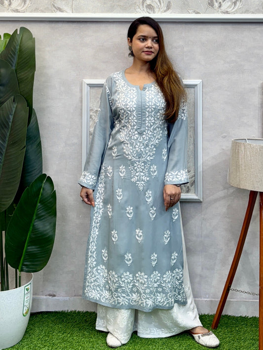 Grey modal fabric Lucknow Chikankari kurta with delicate white hand embroidery, soft and comfortable.