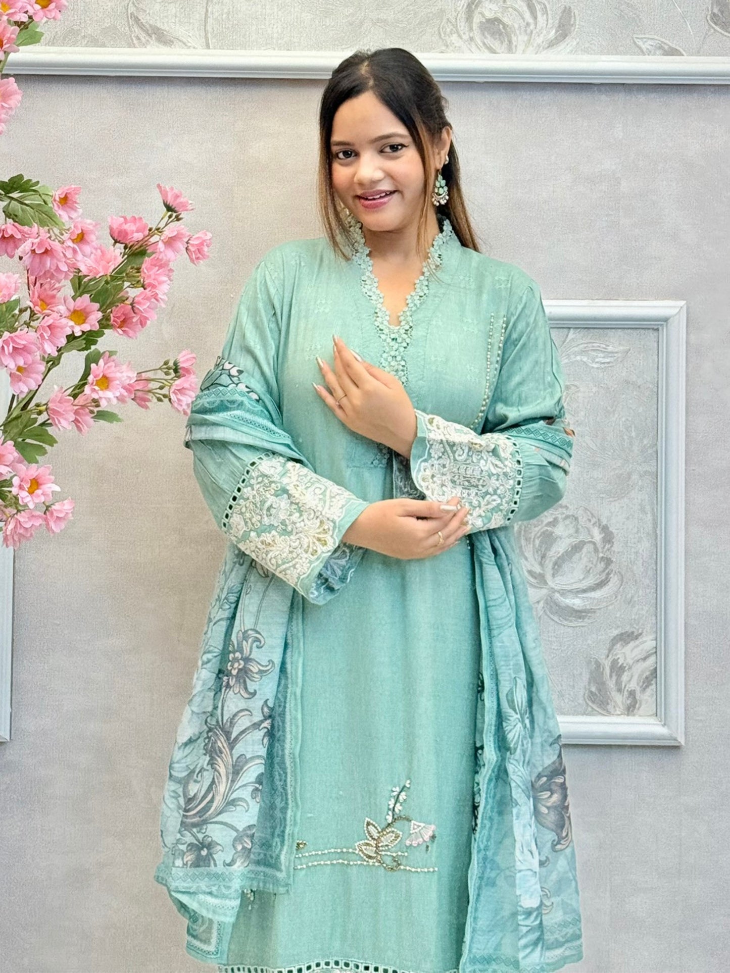 Mint green rayon kurta set with floral hand embroidery and printed dupatta