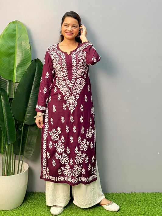 Maroon modal chikankari kurta with white hand embroidery – soft and comfortable