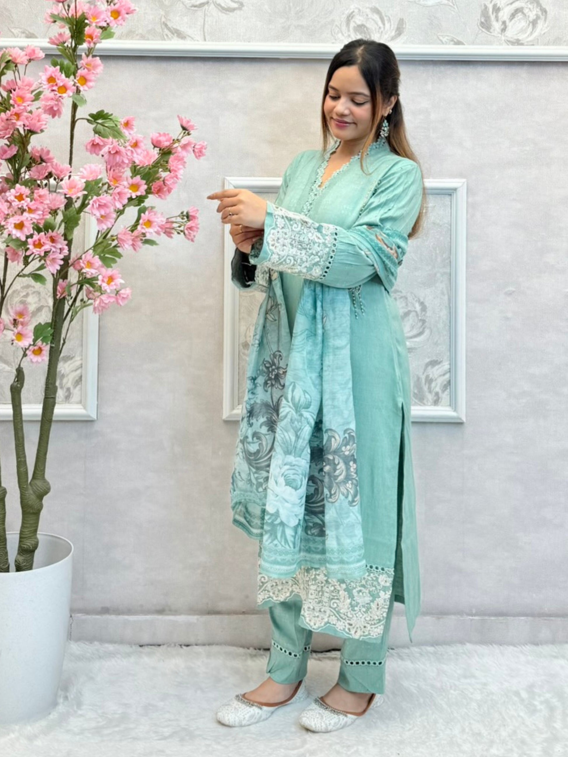 Mint green rayon kurta set with floral hand embroidery and printed dupatta