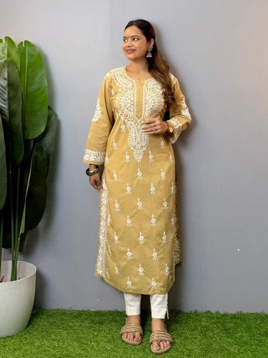 Beige cotton chikankari kurta with hand embroidery and elegant ethnic design