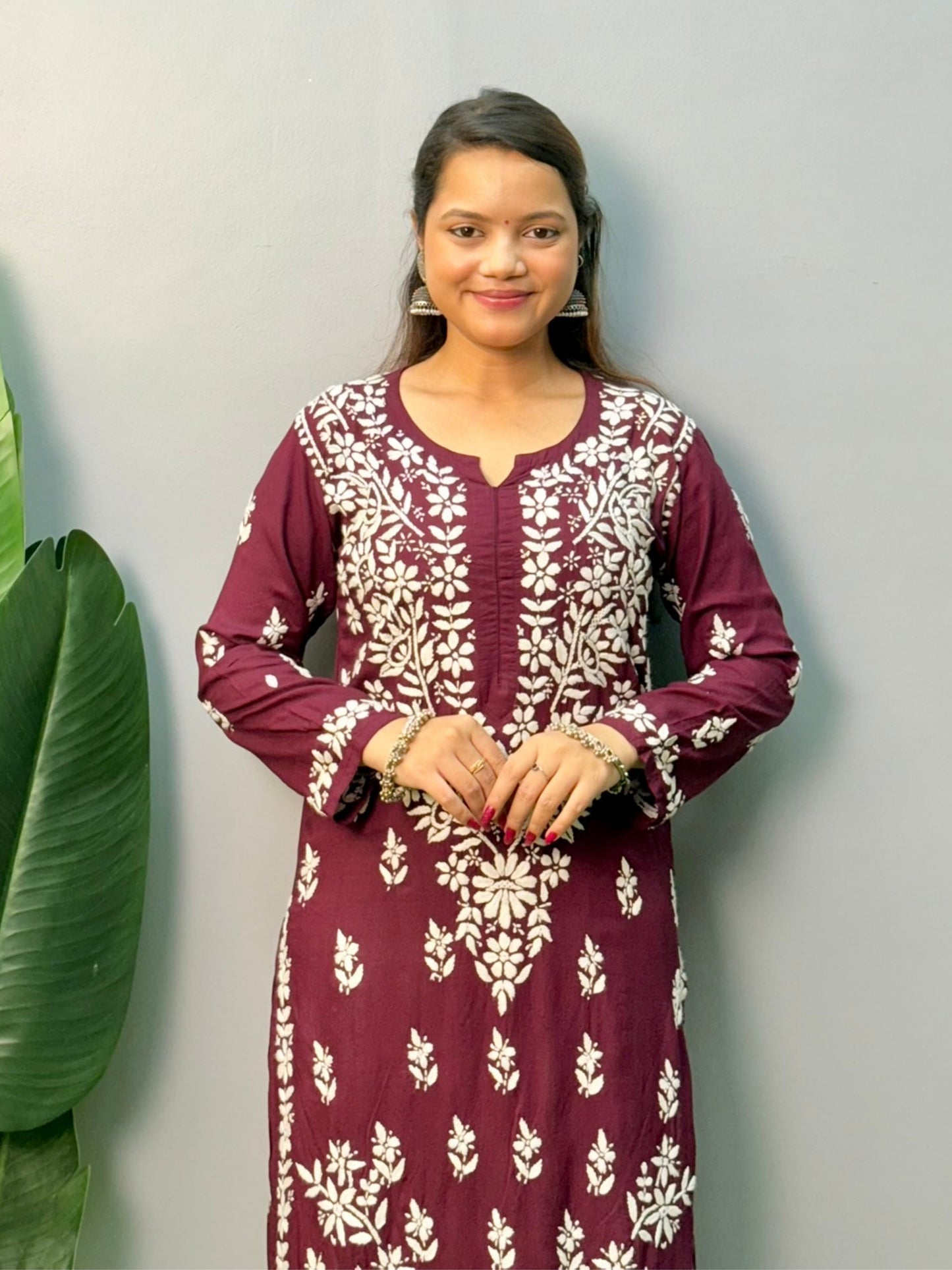 Maroon modal chikankari kurta with white hand embroidery – soft and comfortable