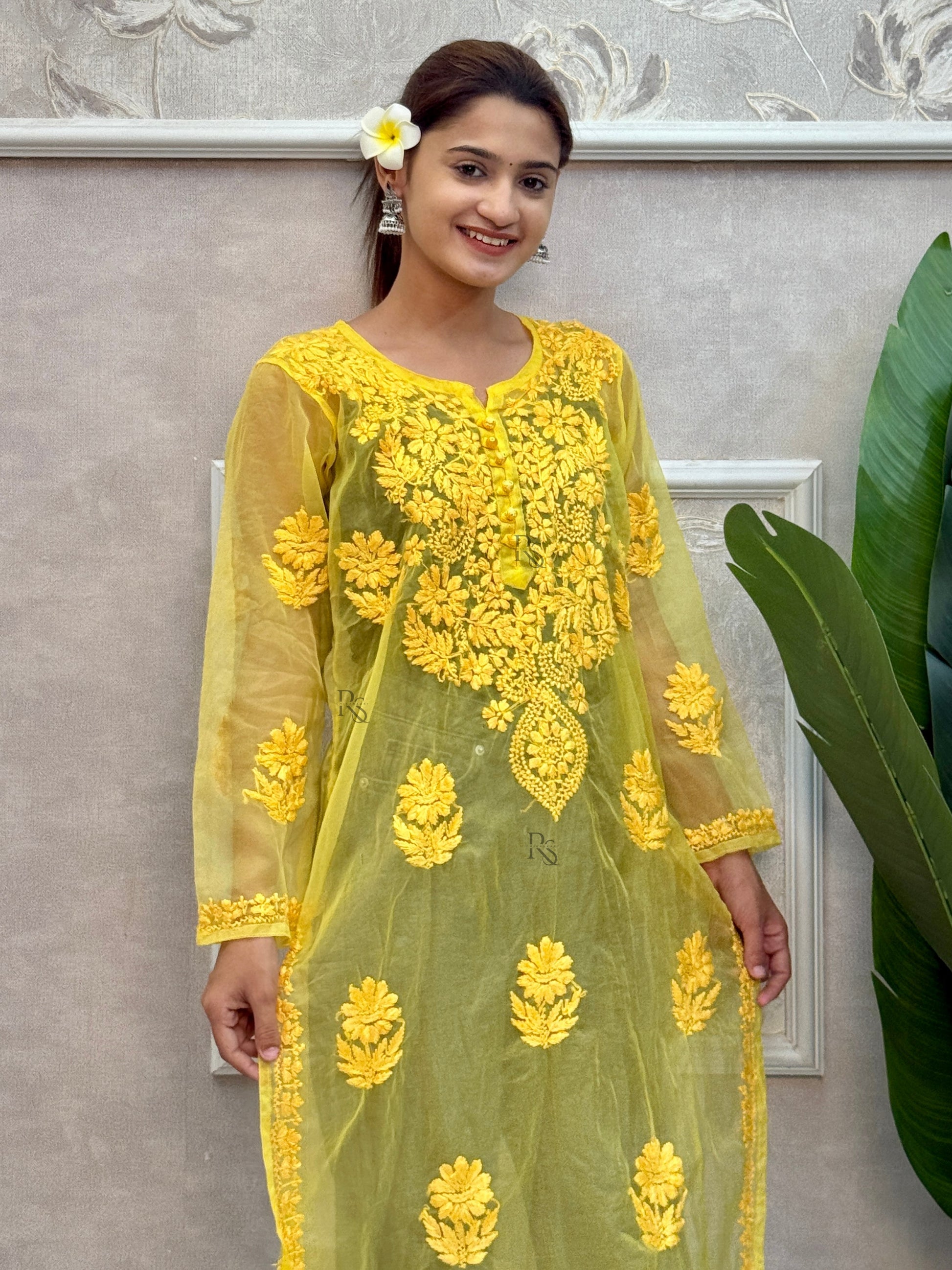 Yellow Lucknow chikankari organza kurta with hand embroidery
