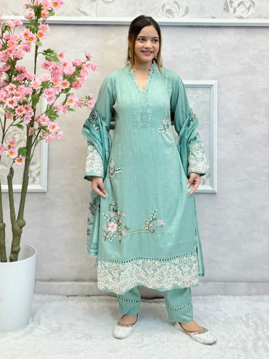 Mint green rayon kurta set with floral hand embroidery and printed dupatta
