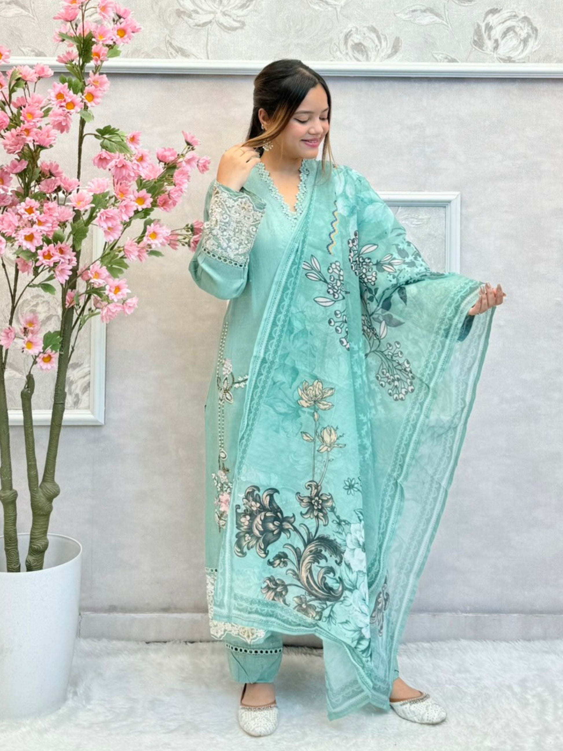 Mint green rayon kurta set with floral hand embroidery and printed dupatta