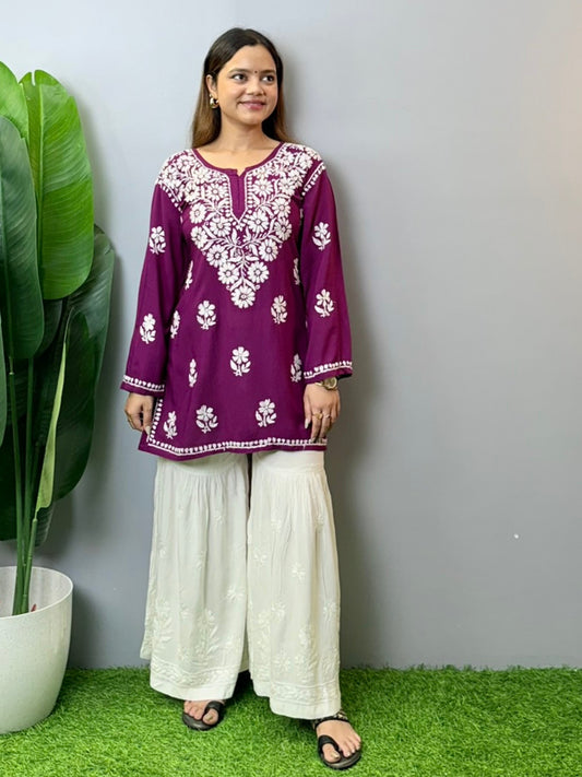 Wine color modal short Chikankari kurta with hand embroidery – summer ethnic wear