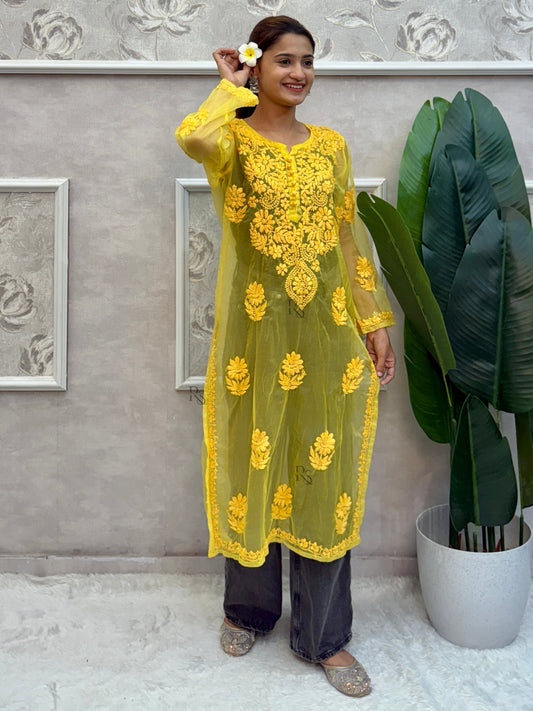 Yellow Lucknow chikankari organza kurta with hand embroidery