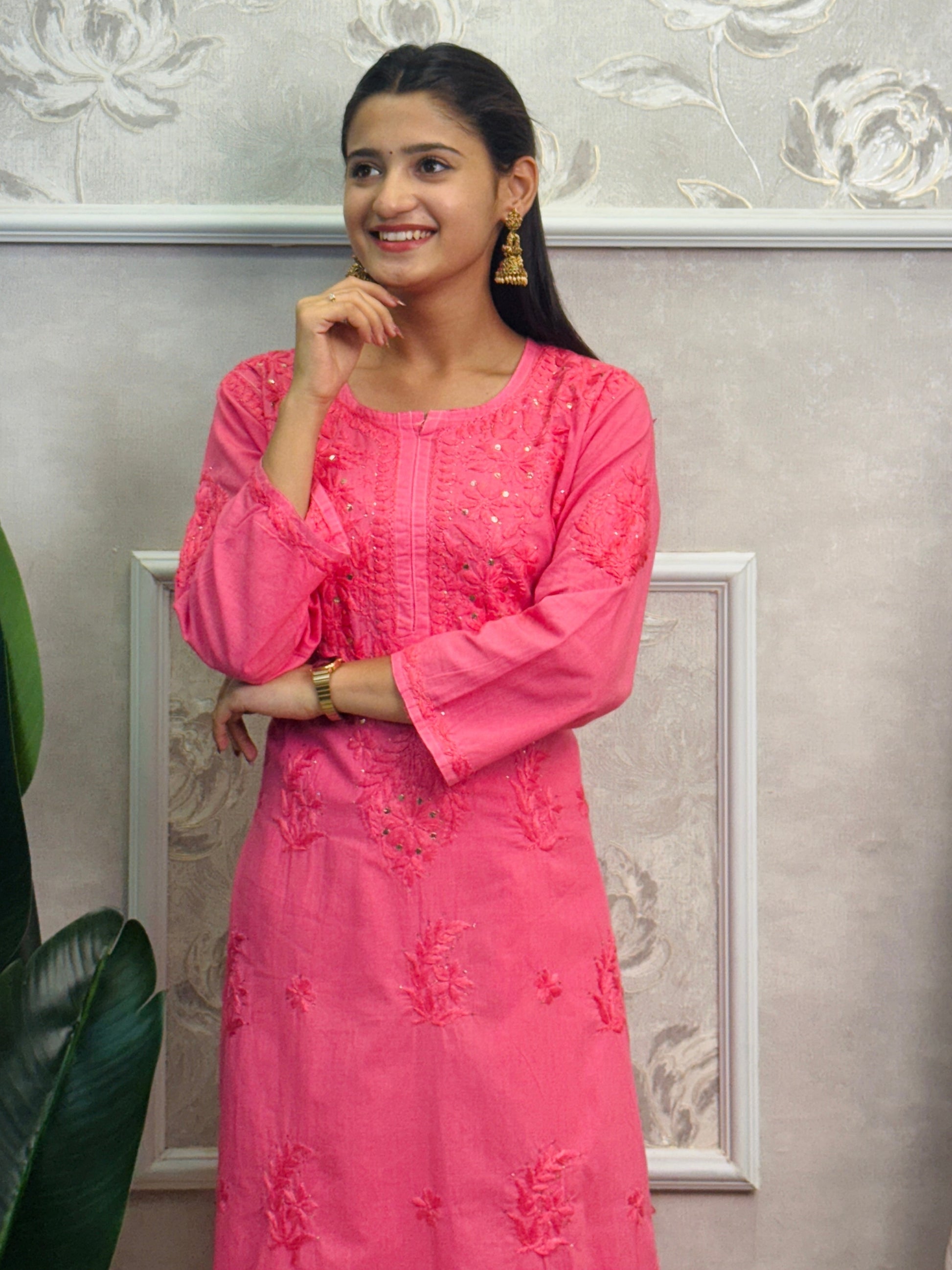 Hot pink cotton chikankari kurta, stretchable pant and chiffon dupatta set with hand embroidery