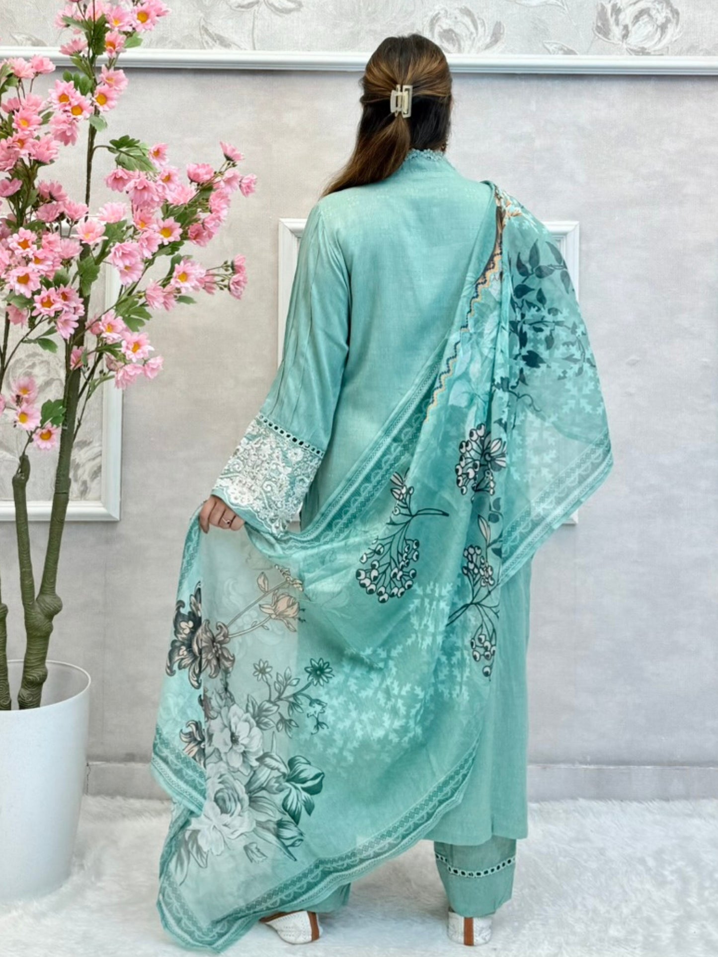 Mint green rayon kurta set with floral hand embroidery and printed dupatta