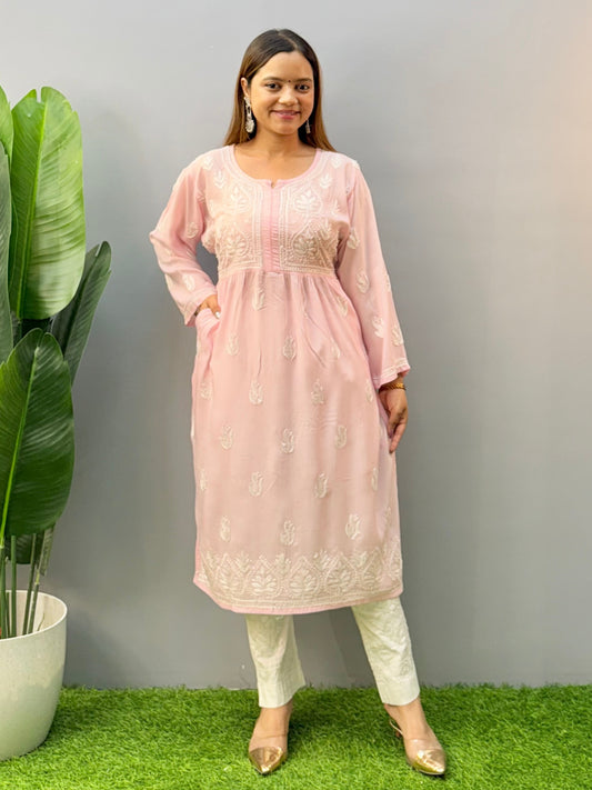 Light Pink Lucknow Chikankari Modal Kurta with Hand Embroidery and Both Side Pockets