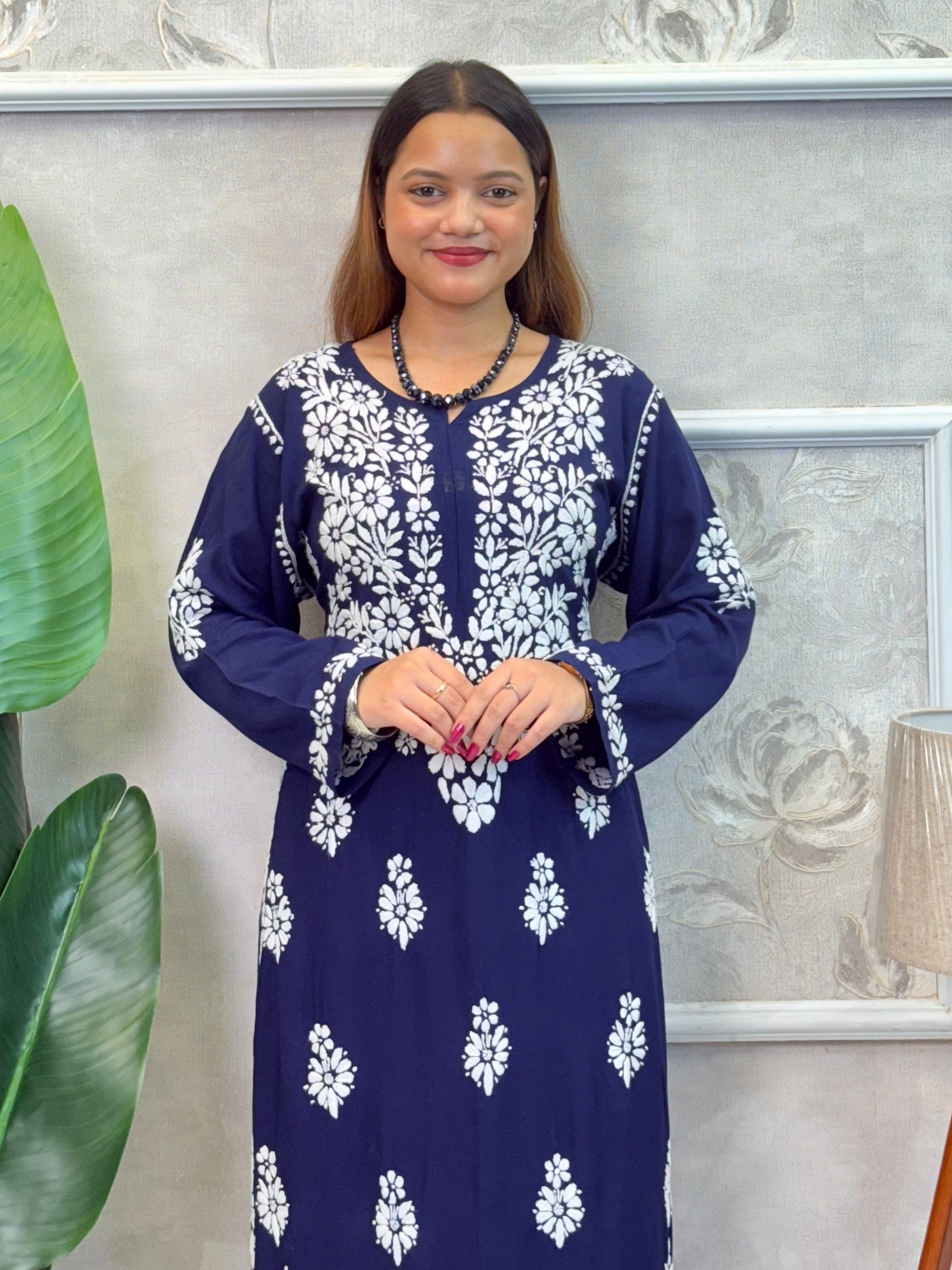 Navy blue modal Lucknow chikankari kurta and palazzo set with hand embroidery, premium festive wear