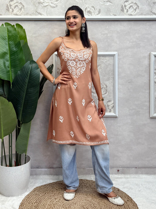 Lucknow Chikankari brown sleeveless short kurta with white hand embroidery