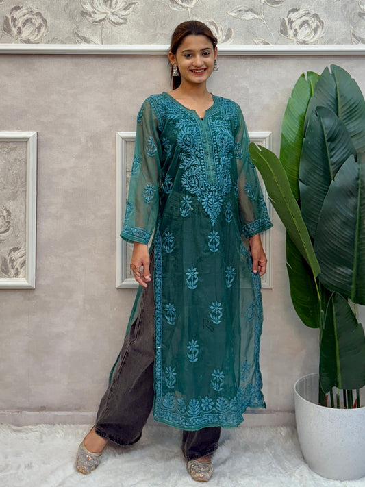 Teal blue organza Lucknow Chikankari kurta with hand embroidery.