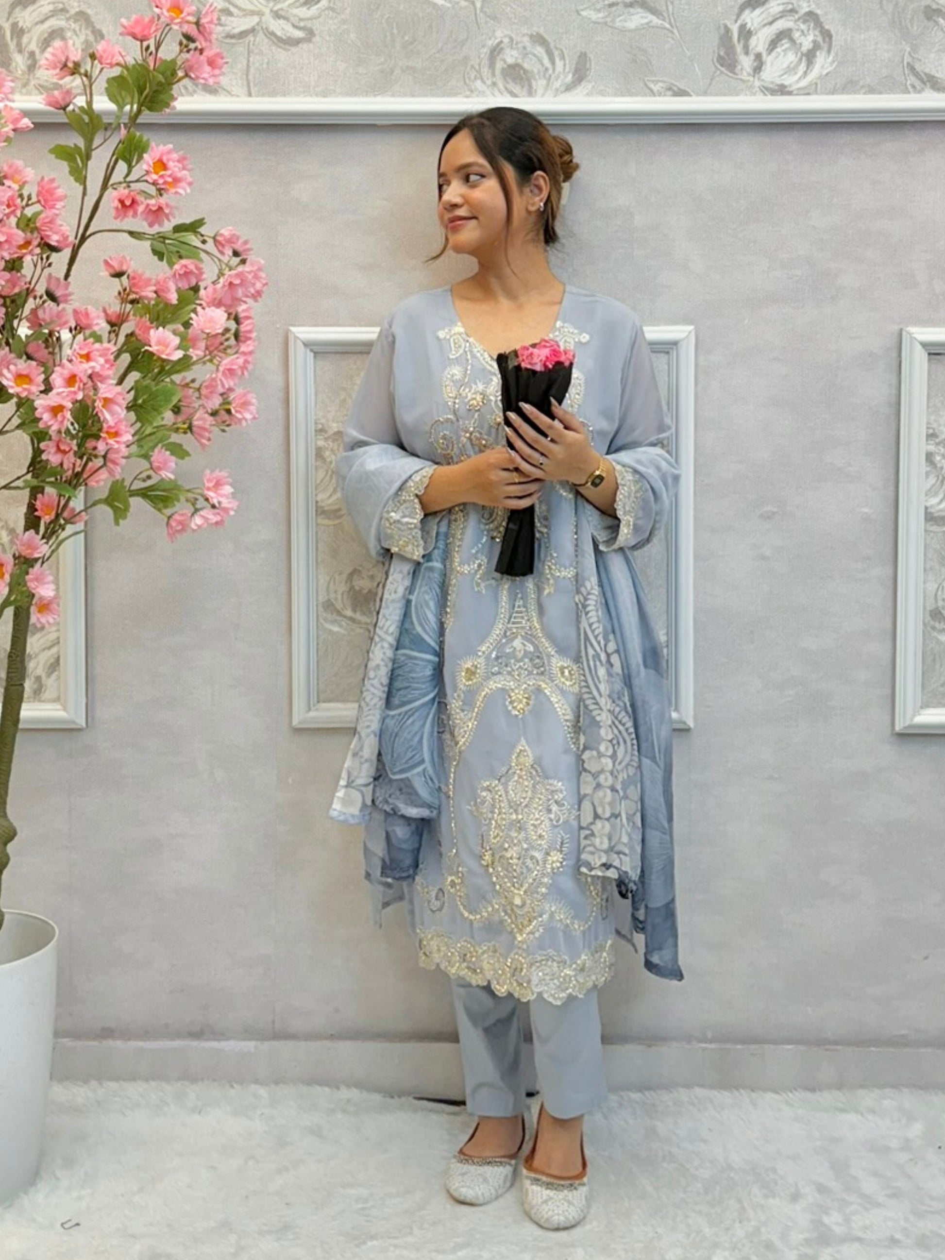 Powder blue embroidered georgette kurta with cotton pant and printed dupatta
