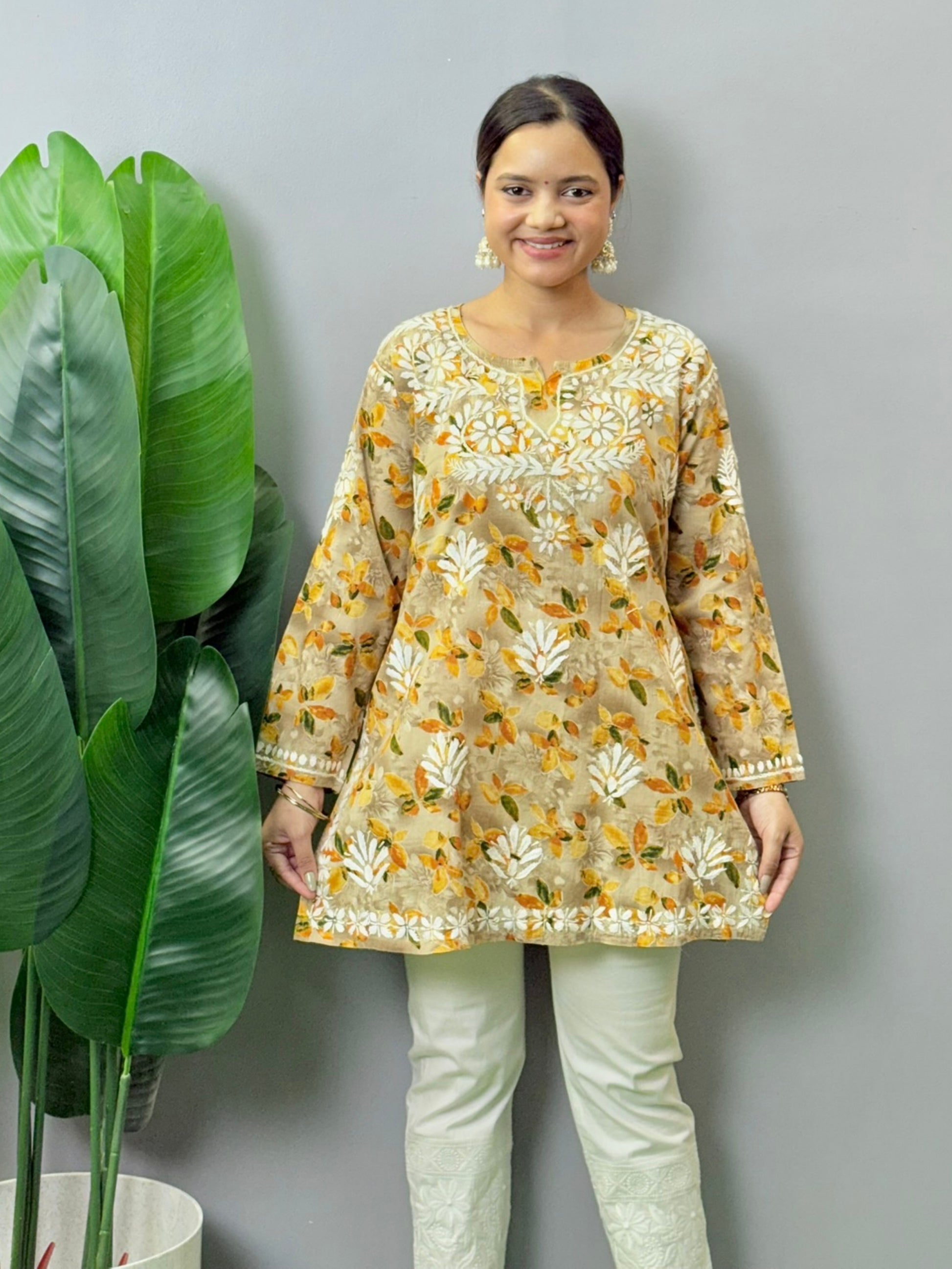 Beige mulmul printed short kurta with Lucknowi Chikankari hand embroidery, soft and comfortable casual wear