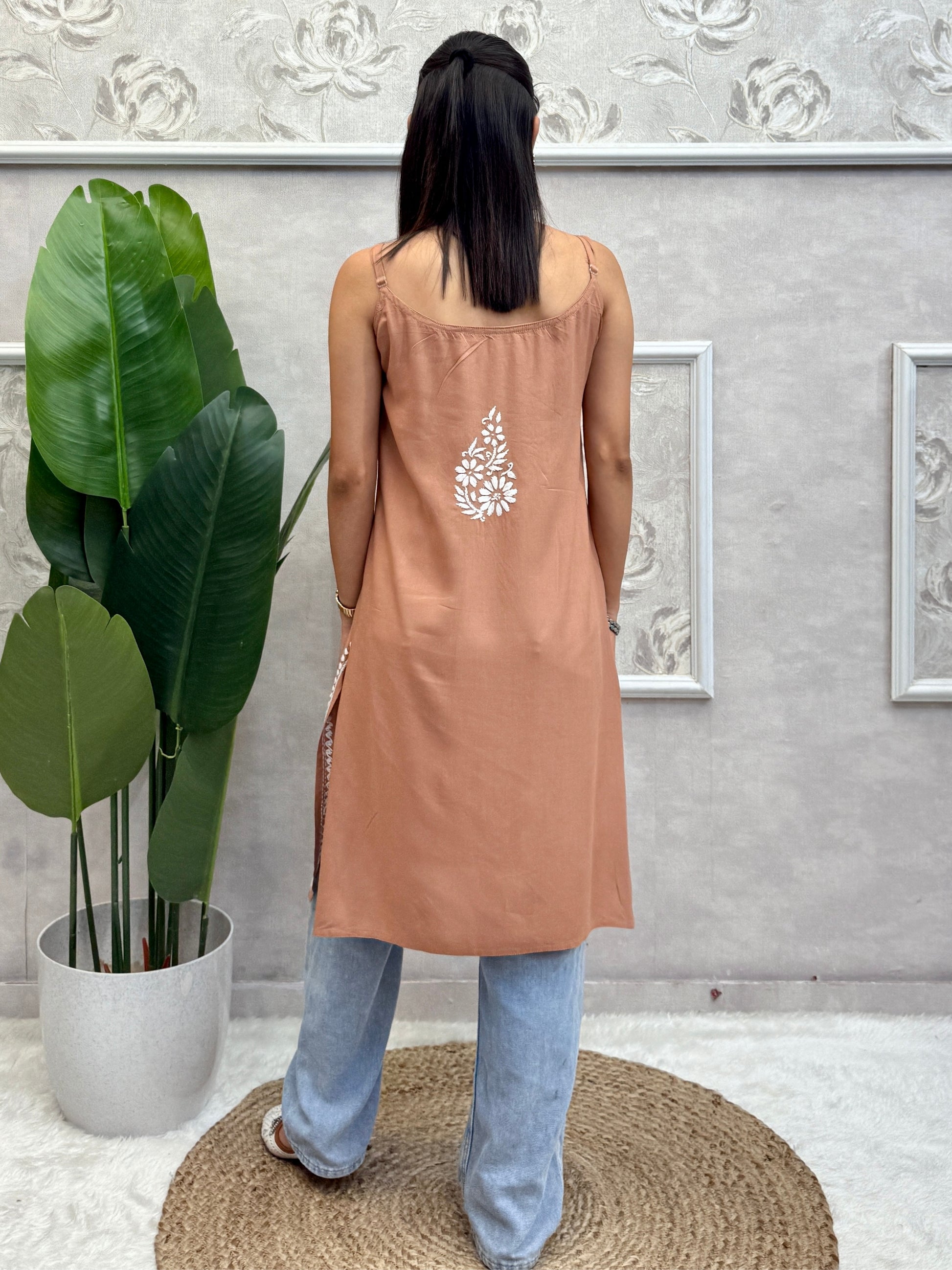 Lucknow Chikankari brown sleeveless short kurta with white hand embroidery