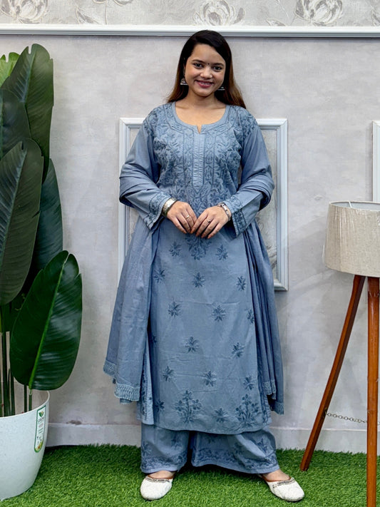 Lucknow Chikankari grey cotton kurta palazzo dupatta set with hand embroidery, soft and comfortable.