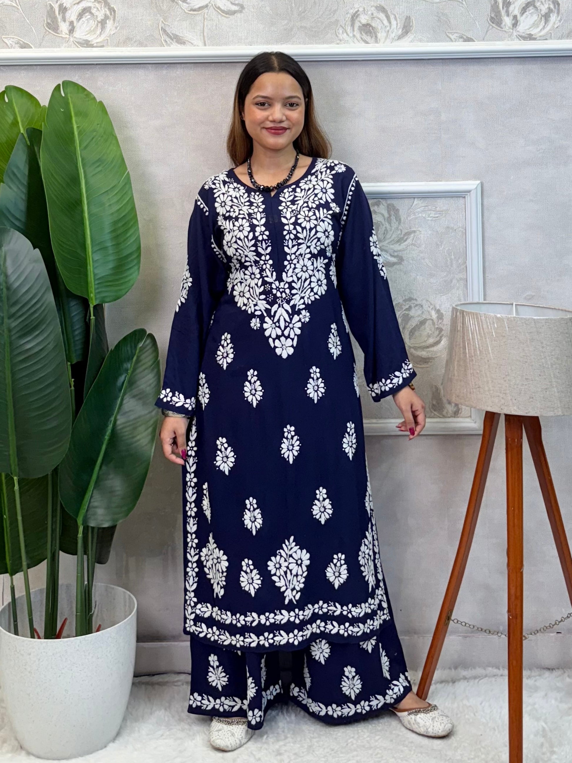 Navy blue modal Lucknow chikankari kurta and palazzo set with hand embroidery, premium festive wear