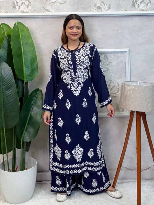 Navy blue modal Lucknow chikankari kurta and palazzo set with hand embroidery, premium festive wear
