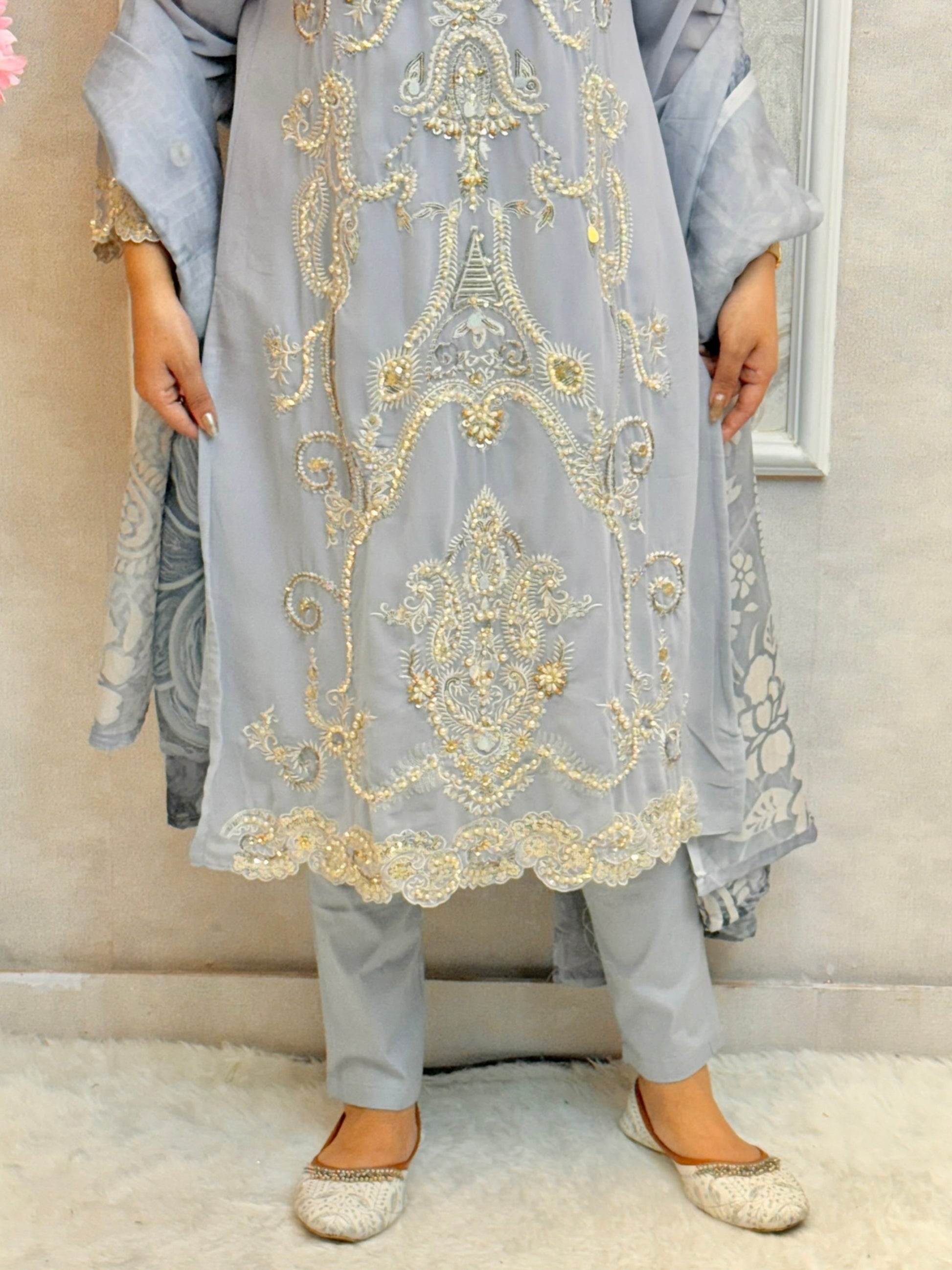 Powder blue embroidered georgette kurta with cotton pant and printed dupatta
