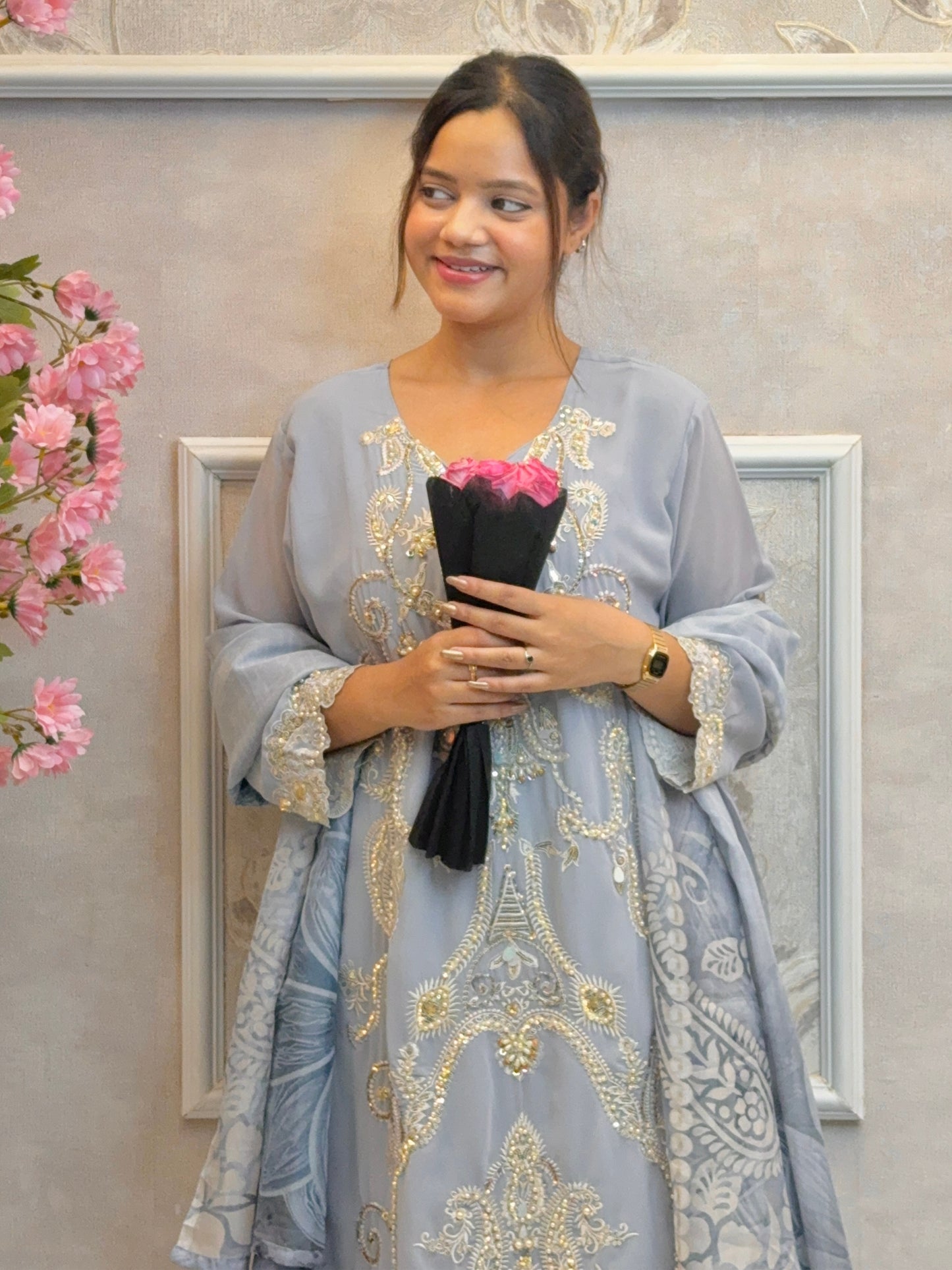 Powder blue embroidered georgette kurta with cotton pant and printed dupatta