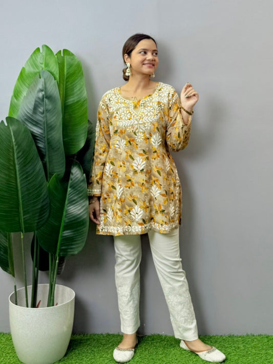 Beige mulmul printed short kurta with Lucknowi Chikankari hand embroidery, soft and comfortable casual wear