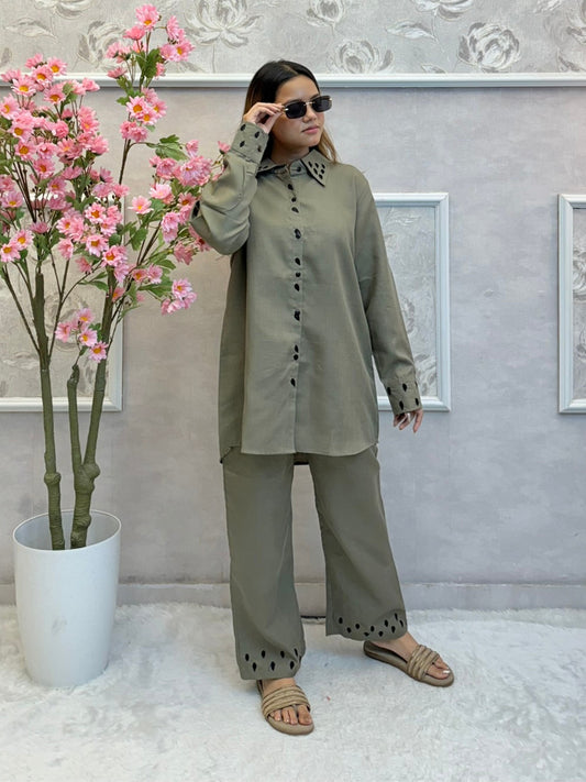 Olive green designer co-ord set with front buttons and panther back print in handwork