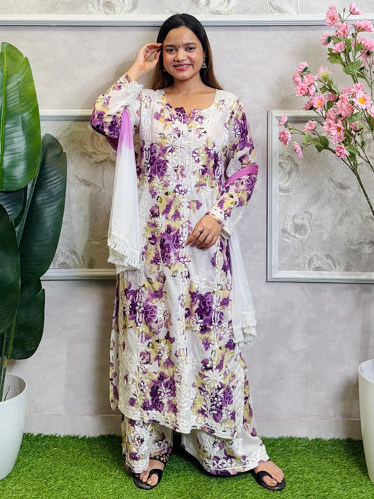 Lucknow Chikankari purple floral printed mulmul kurta palazzo set with chiffon dupatta and hand embroidery.