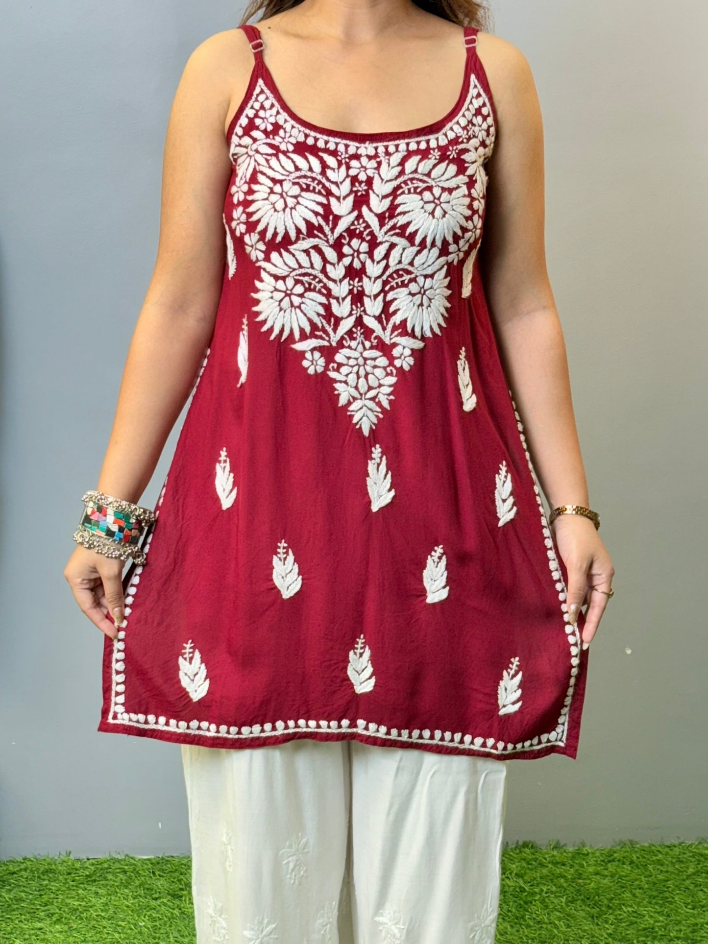 Maroon sleeveless rayon Lucknowi Chikankari short kurta with white hand embroidery