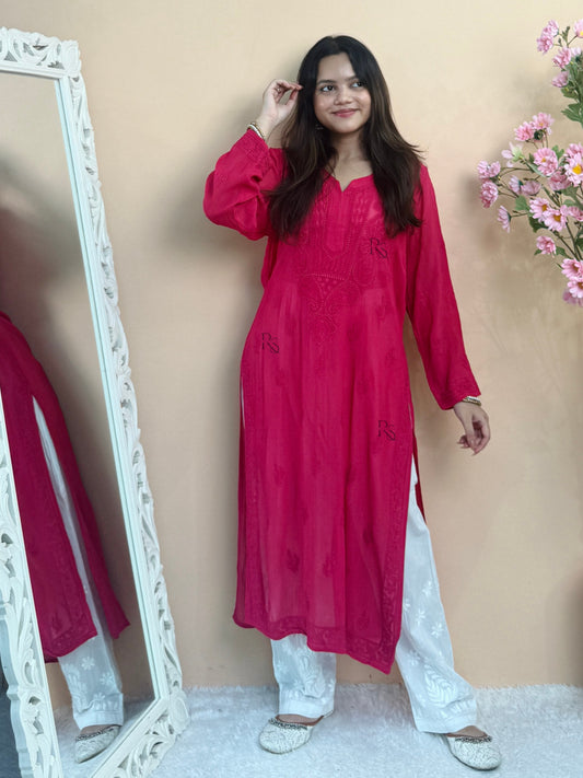 Pink Lucknow chikankari viscose kurta with hand embroidery in transy fabric