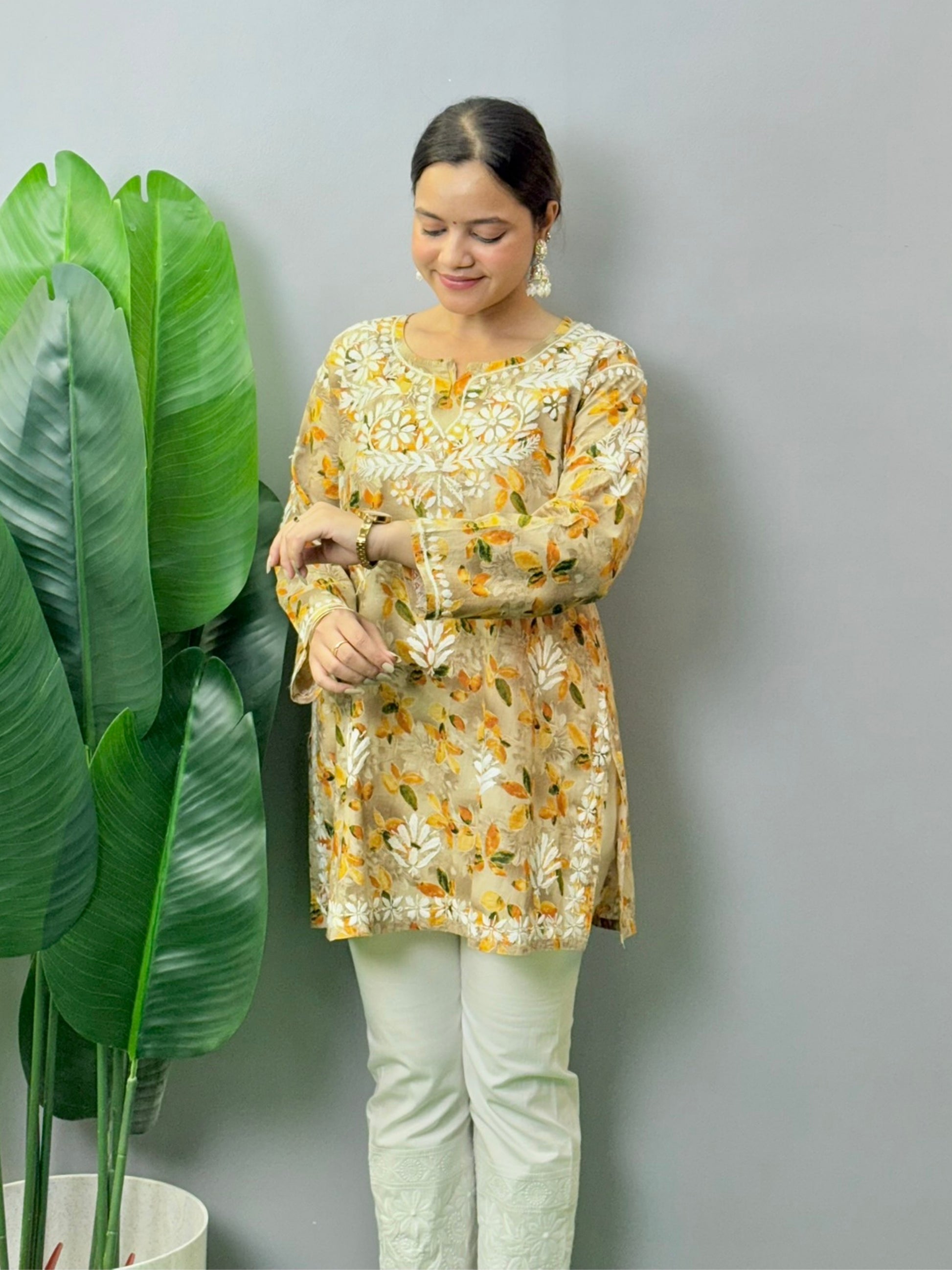Beige mulmul printed short kurta with Lucknowi Chikankari hand embroidery, soft and comfortable casual wear